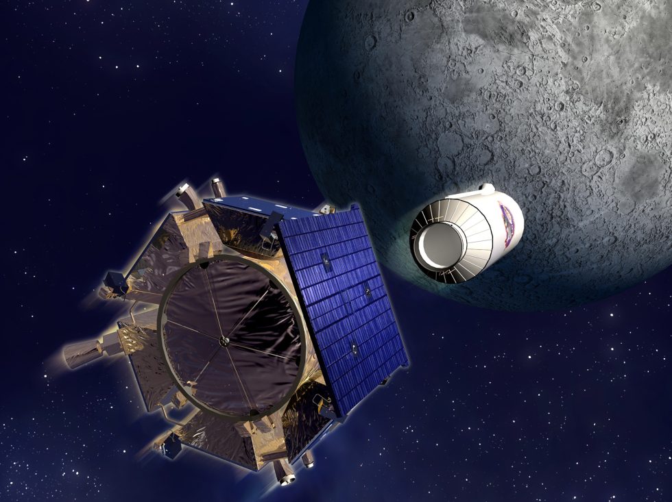 An artist's impression of the Centaur upper stage detaching from the LCROSS spacecraft.