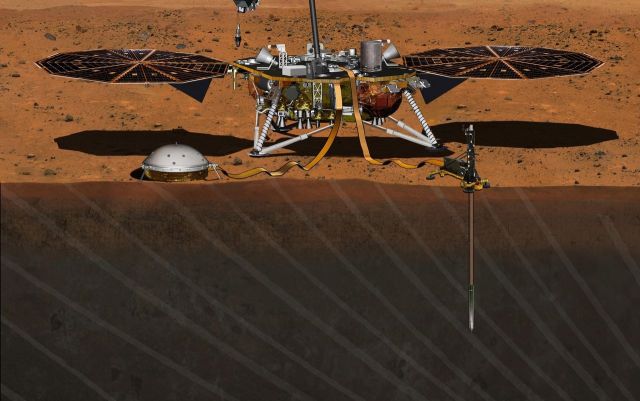 An artist's concept depicts NASA's InSight Mars lander fully deployed for studying the deep interior of Mars. 