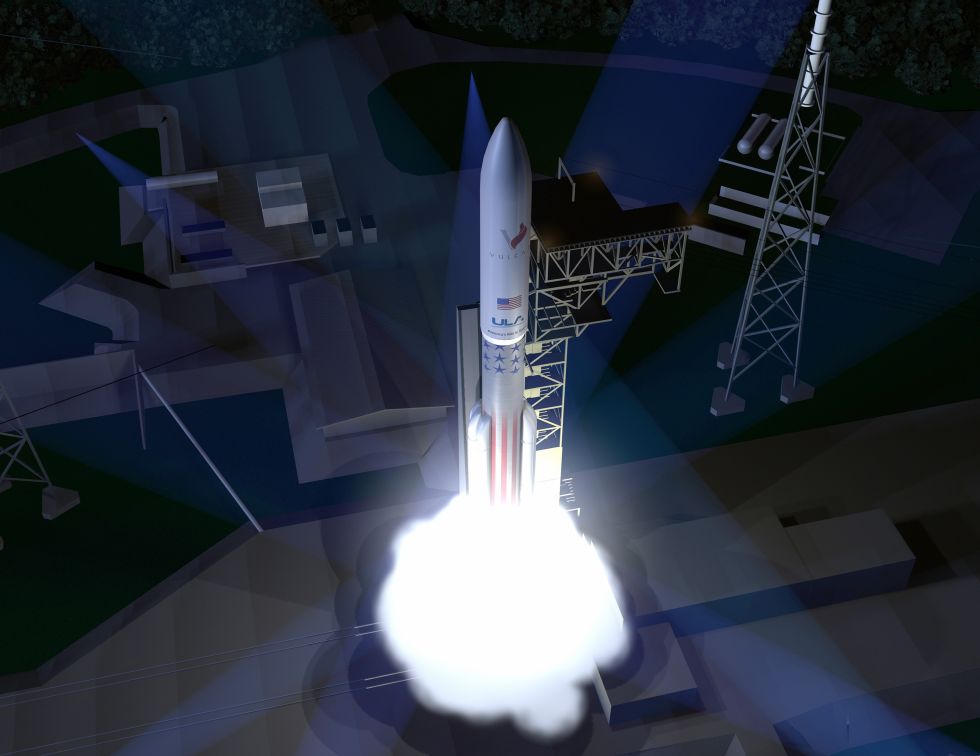 Concept art of a Vulcan rocket taking off.