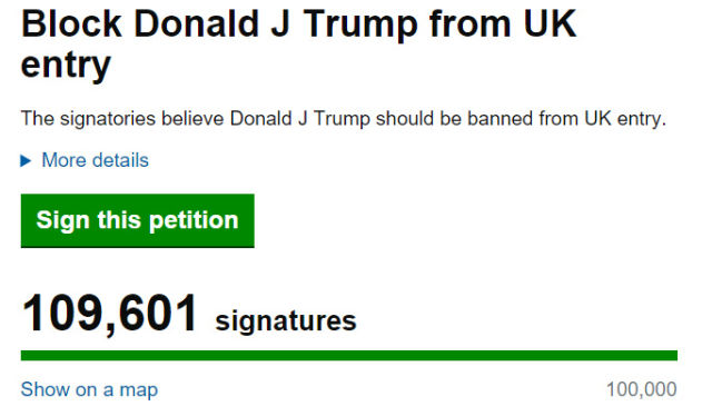 Petition to ban Donald Trump from entering UK hits 100,000 signatures