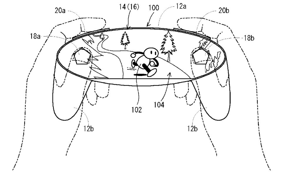 The touchscreen display described in the patent surrounds the dual thumbsticks and extends almost all the way to the oval edge of the controller.