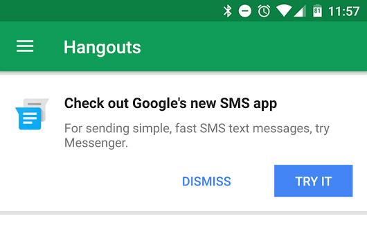 The new Hangouts message that asks you to stop using Hangouts.