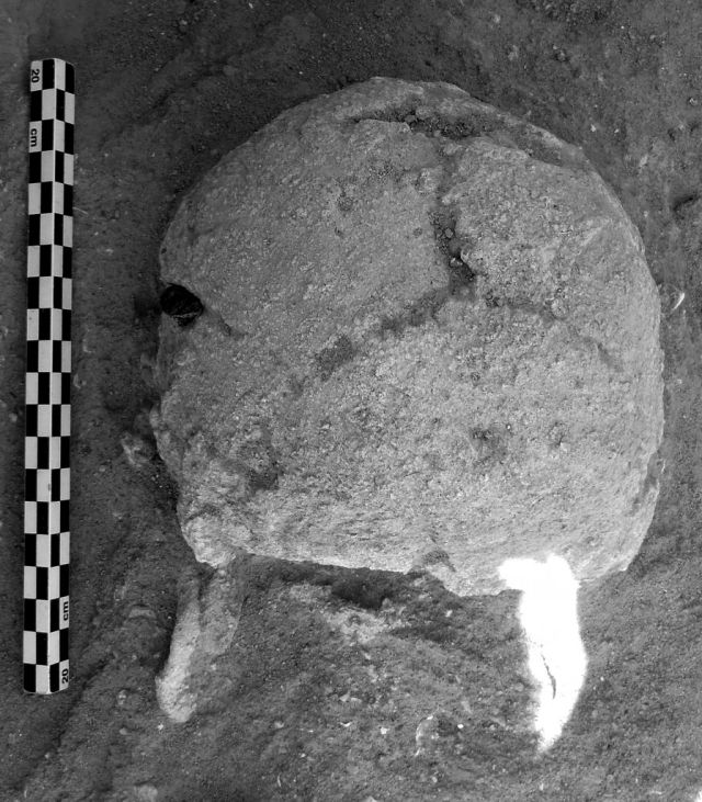 Here you can see an obsidian bladelet embedded in the victim's skull on the left side.