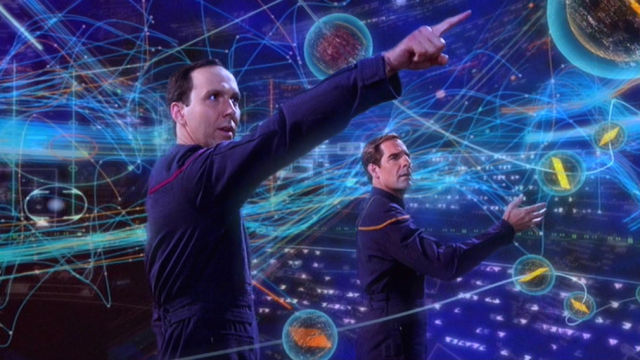 A time traveler from the future shows Captain Archer a holographic map of the various timelines, in his Temporal Observatory. <em>(Enterprise</em> gave fans a very uneasy feeling about the future.)