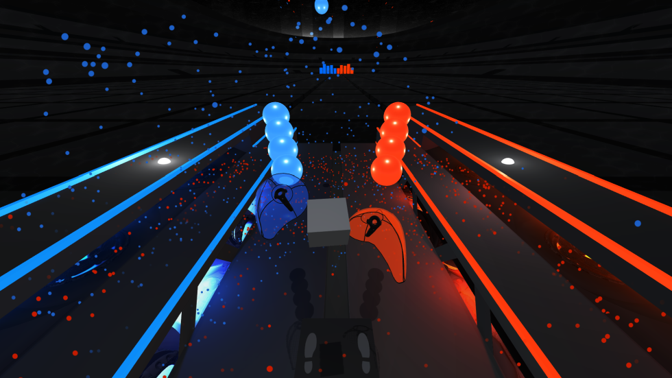 <em>Audioshield</em>'s action is hard to appreciate in screenshot form, but moving those blue and orange shields around with your hands and destroying falling note globes to the beat is really like nothing you've ever seen in a rhythm game before.