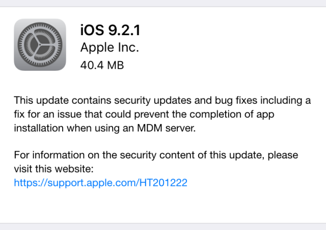 iOS 9.2.1 update arrives with security and MDM fixes [Updated]