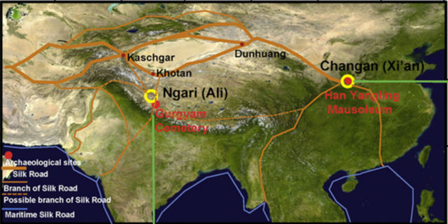 The dotted line across the Tibetan Plateau indicates the probable route taken between Chang'an and the site in Tibet where the second block of tea was found. Routes established during the Tang Dynasty are in solid red, to the north.