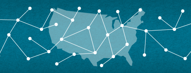 A US map with interconnected lines representing broadband access.