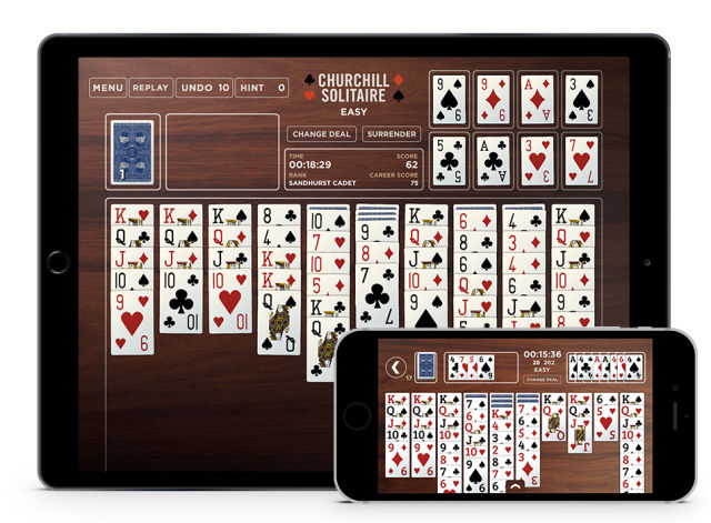 The smaller screen shows off <em>Churchill Solitaire</em>'s "devil's six" row, whose cards can never be placed in the descending columns and must be played in order.