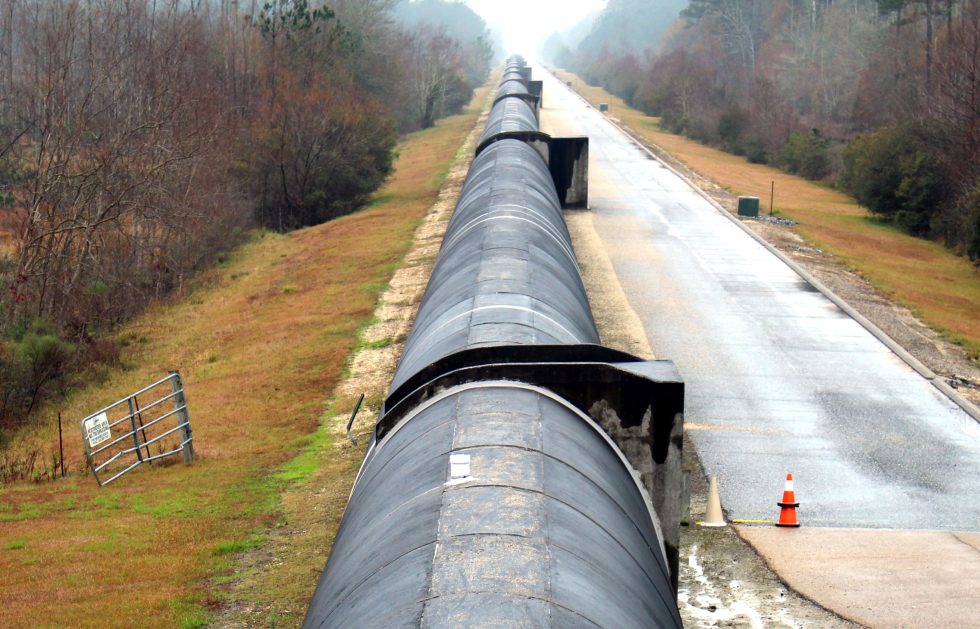 The 4km "west" arm of the LIGO interferometer stretches into the foggy distance.