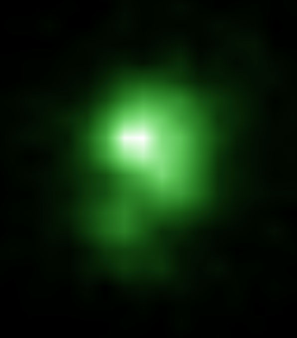 The galaxy J0925 + 1403, about 6000 light-years in diameter, making it 20 times smaller than the Milky Way. From this image, it's easy to see why these galaxies are named for green peas. 