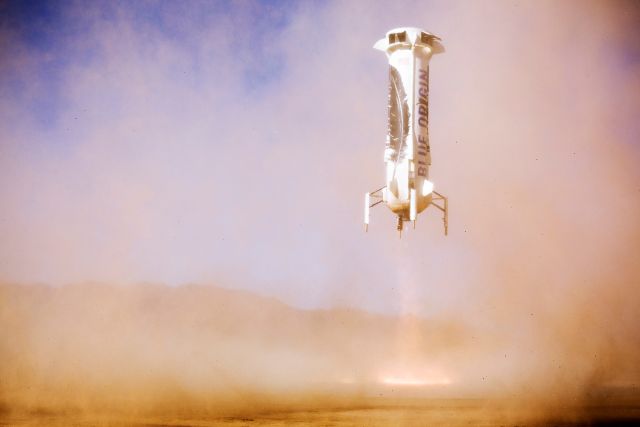 The New Shepard booster makes a controlled landing at 6.7 kph.