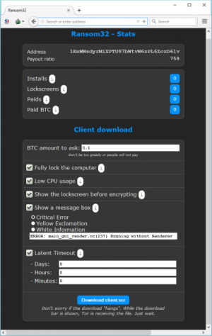 The Tor-based control panel for configuring Ransom32. Just click a few boxes, add some text, and you're ready to extort.