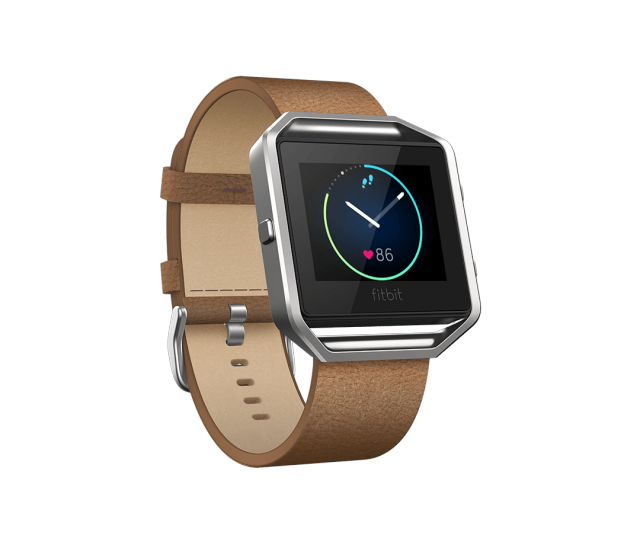 Fitbit Blaze with a camel leather band.