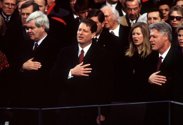 Newt Gingrich, Al Gore, and Bill Clinton sing the National Anthem at the 1997 Presidential Inaugural Swearing-in Ceremony. Under their watch the gravitational wave detectors got built.