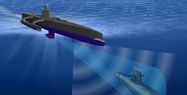 An artist's conceptualization of DARPA's ACTUV sub hunting robo-ship in action.
