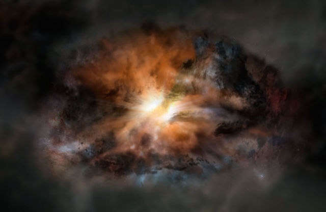 Artist's impression of W2246-0526, a galaxy shining in infrared with the luminosity of 350 trillion suns. 