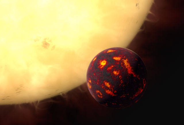This artist’s impression shows the super-Earth 55 Cancri e in front of its parent star.