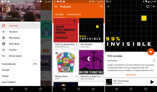 The Android component for Google Play Music Podcasts. Note the new "Podcast" option in the navigation drawer.