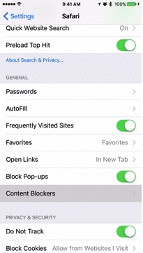 <em>The New York Times</em>' recent guide to smartphone battery life tweaks included an animated GIF teaching readers how to enable third-party ad-blocking software within iOS 9. This image was taken from the GIF.