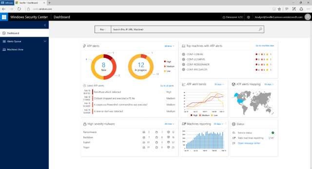 The WDATP dashboard giving an at-a-glance view of system health.