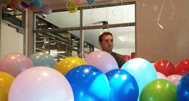 A not-fazed Mark Zuckerberg seen here having a party with some balloons.