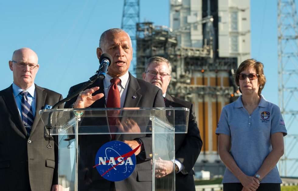 NASA Administrator Charles Bolden speaks to the media two days before Orion's uncrewed flight in December 2014.