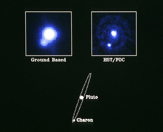 A comparison of ground-based and Hubble images of Pluto and Charon.