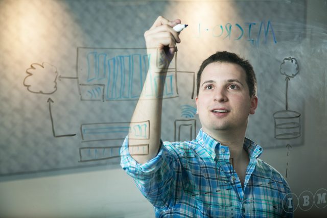 An IBM software engineer sketches out a pending patent. IBM has acquired more US patents than any other company for more than 20 years in a row. (Jared Lazarus/Feature Photo Service for IBM) 