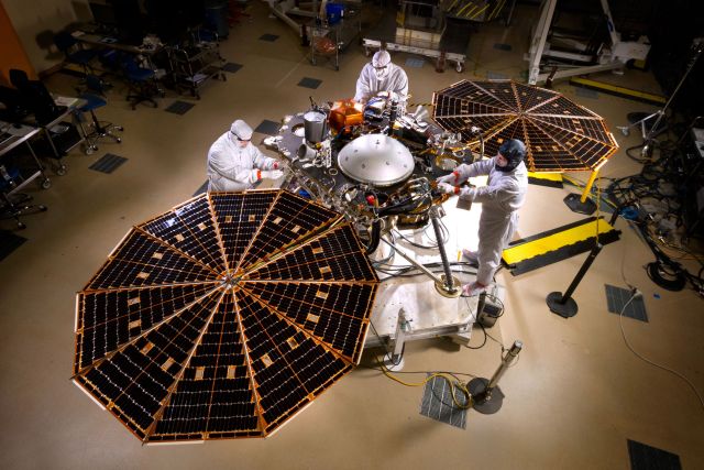 NASA's InSight Mars lander spacecraft in a Lockheed Martin clean room near Denver. 