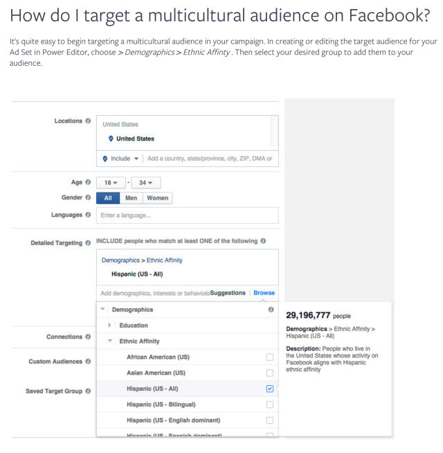 Facebook provides marketers with this screenshot of their multicultural marketing tool. Note that ethnicity is called a "demographic," which contradicts the idea that it's just a "cultural connection."