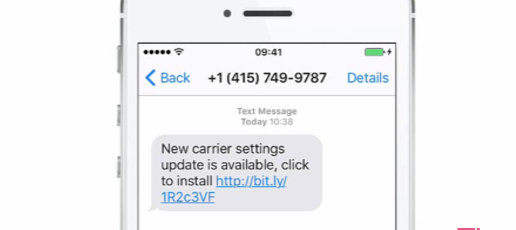 An example of a social engineering text message aimed at getting a user to install a new malicious profile, from Check Point's "SideStepper" presentation at Black Hat Asia 2016.