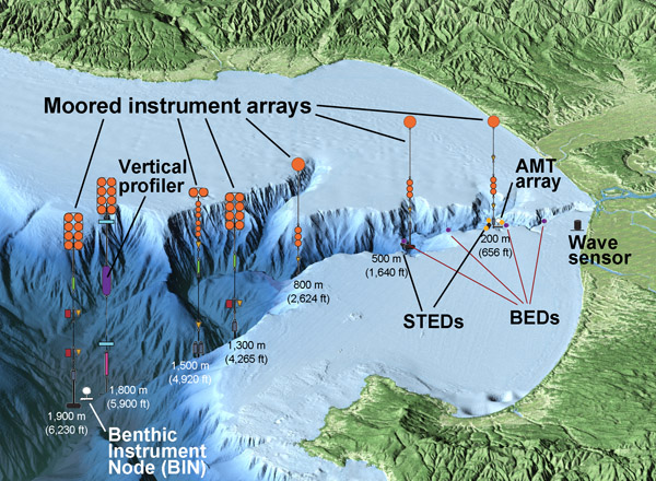 This aerial view of Monterey Bay from the south was created by combining computer-generated topographic and bathymetric data. Vertical relief has been exaggerated to better show the Monterey Canyon and mountains on either side of the bay.