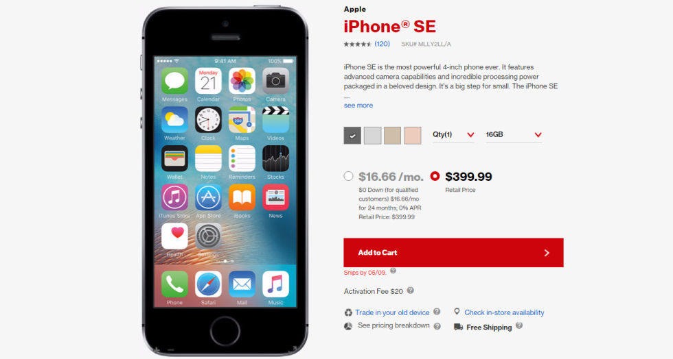 Verizon's iPhone SE page. Now that the "free with two-year contract" option is dead, the cost of the phone is more obvious.