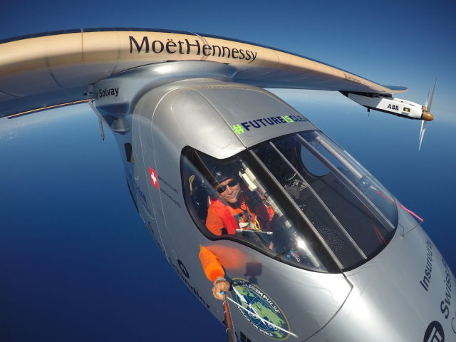 The first justified use of a selfie stick I'm aware of:  Bertrand Piccard, high above the Pacific.