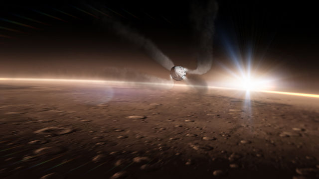 In this conceptual image, eight SuperDraco thrusters fire as a Dragon spacecraft enters the Martian atmosphere at supersonic speeds.