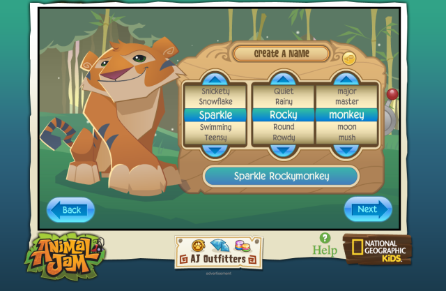 The name creation page for WildWorks' Animal Jam, an MMO targeted at kids to teach them about wildlife.