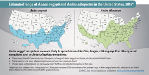 Estimated range of Aedes aegypti and Aedes albopictus in the United States, 2016.