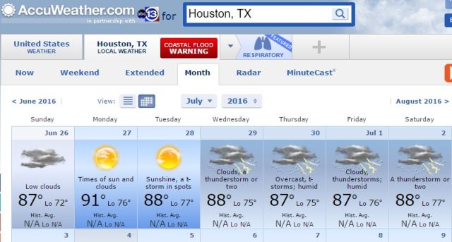 If you want a forecast for July, 2016, in Houston AccuWeather has one for you.