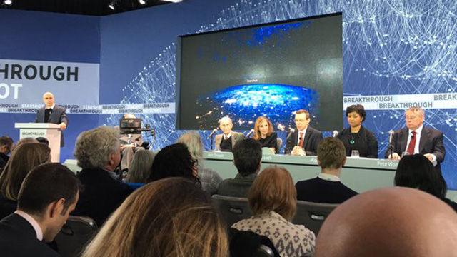 Stephen Hawking and others at the Breakthrough Starshot announcement.