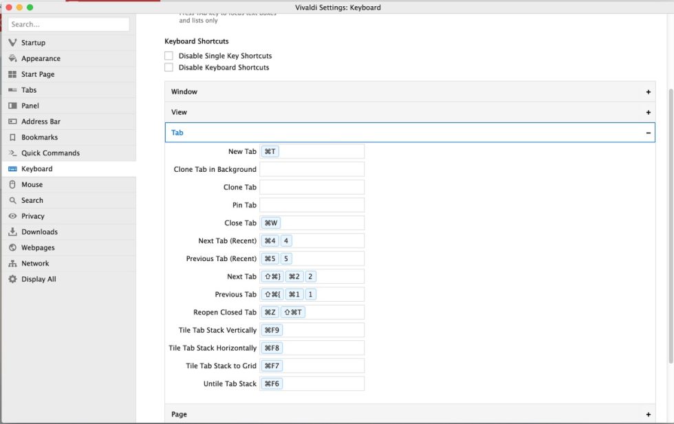 Customizing keyboard shortcuts in Vivaldi.