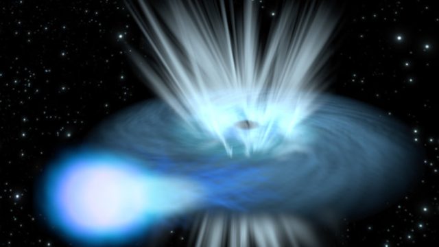 Artist's impression of a ULX, which could be either a black hole or a neutron star in this image. Coming "toward us" is the outflow of gas, moving at relativistic speed. 