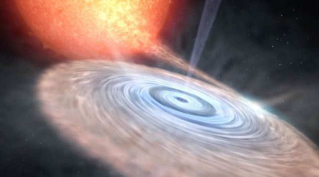 Artist's conception of V404 Cygni's accretion disk, which is being fed by its companion star. 