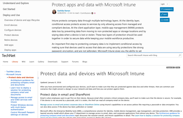 Above: the new docs.microsoft.com appearance. Below: the same article in old TechNet.