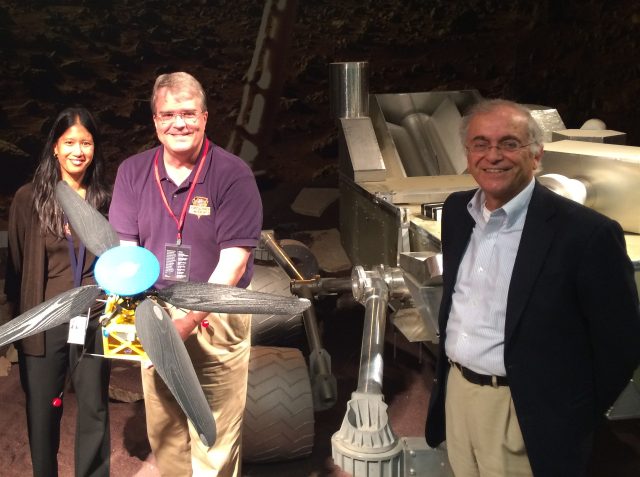 John Culberson, center, holds a prototype of the Mars helicopter. On the left is Mimi Aung, deputy division manager for autonomous systems at NASA-JPL, and on the right is JPL Director Charles Elachi. 