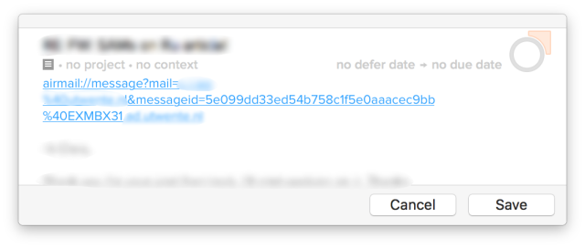 Adding a to-do item to OmniFocus is as simple as clicking on a little chevron. You can set the project, context, due date, and other stuff right from Airmail. A link to the original e-mail is inserted into the to-do item so that you can easily associate the to do with the e-mail message that generated it.