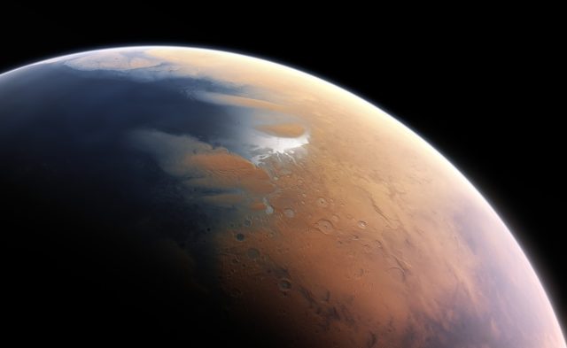 This artist’s impression shows how Mars may have looked about four billion years ago, when it would have been more conducive to life.