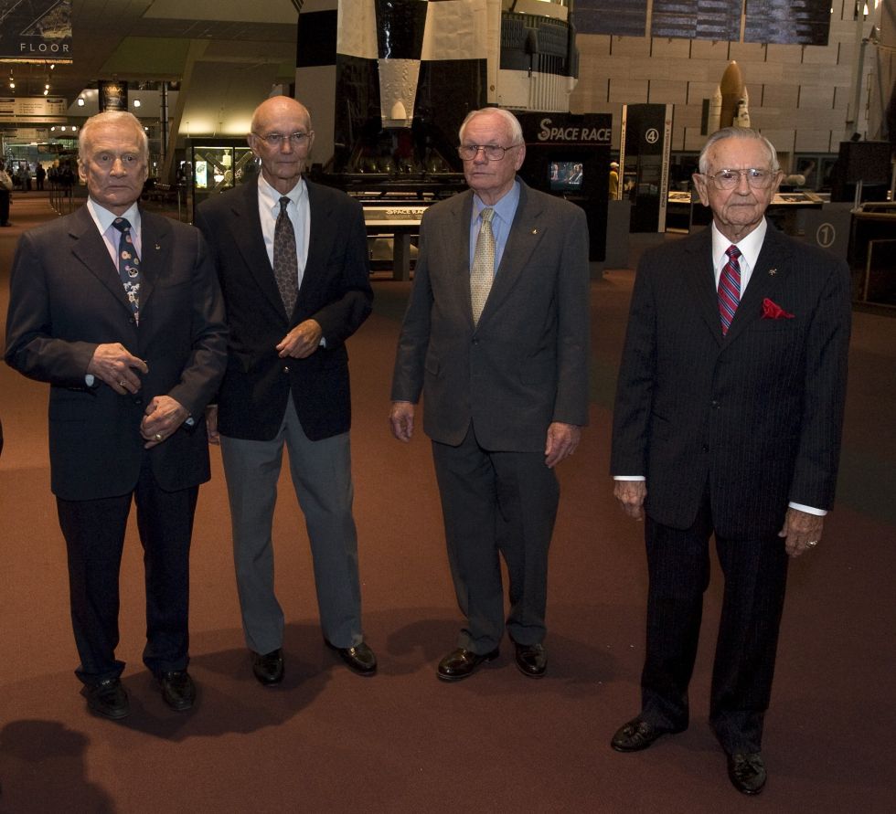 On the eve of the 40th anniversary of the first human landing on the Moon, <em>Apollo 11</em> crew members, Buzz Aldrin, left, Michael Collins, and Neil Armstrong and NASA Mission Control creator Chris Kraft, right, during their visit to the National Air and Space Museum on July 19, 2009.