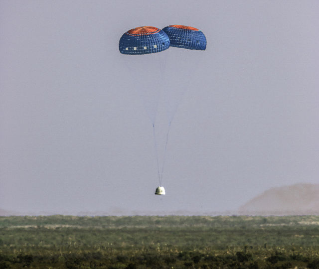 The New Shepard Capsule landed with just two parachutes on Sunday.