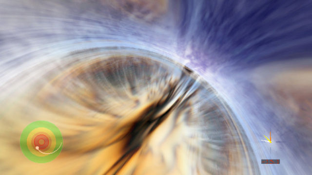 Space-time gets very messy near the event horizon of a black hole, as this simulated view indicates.